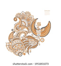 Paisley vector isolated pattern with Flying Bird. Damask style Vintage illustration