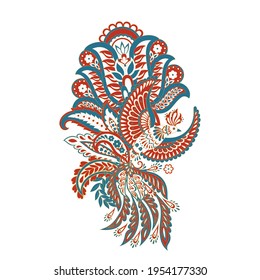 Paisley vector isolated pattern with Flying Bird. Damask style Vintage illustration