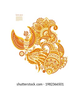 Paisley vector isolated pattern with Flying Bird. Damask style Vintage illustration