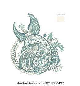 Paisley vector isolated pattern with Flying Bird. Damask style Vintage illustration