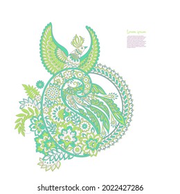 Paisley vector isolated pattern with Flying Bird. Damask style Vintage illustration