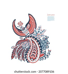 Paisley vector isolated pattern with Flying Bird. Damask style Vintage illustration