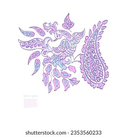 Paisley vector isolated pattern with Flying Bird. Damask style Vintage illustration