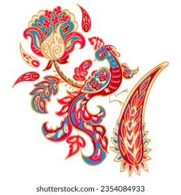 Paisley vector isolated pattern with Flying Bird. Damask style Vintage illustration