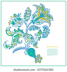 Paisley vector isolated pattern with Flying Bird. Damask style Vintage illustration