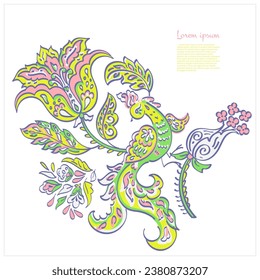 Paisley vector isolated pattern with Flying Bird. Damask style Vintage illustration