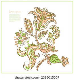Paisley vector isolated pattern with Flying Bird. Damask style Vintage illustration