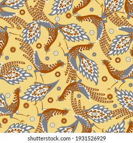 Paisley vector seamless.  Damask style fabric illustration with Birds