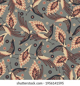 Paisley vector seamless.  Damask style fabric illustration with Birds