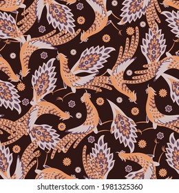 Paisley vector seamless.  Damask style fabric illustration with Birds