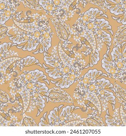 Paisley vector seamless design featuring stunning flowers and leaves in a batik-inspired style. Vintage backdrop