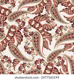 Paisley vector seamless design featuring stunning flowers and leaves in a batik-inspired style. Vintage backdrop