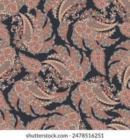 Paisley vector seamless design featuring stunning flowers and leaves in a batik-inspired style. Vintage backdrop