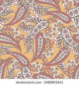 Paisley vector seamless design featuring stunning flowers and leaves in a batik-inspired style. Vintage backdrop