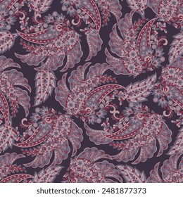 Paisley vector seamless design featuring stunning flowers and leaves in a batik-inspired style. Vintage backdrop