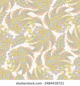 Paisley vector seamless design featuring stunning flowers and leaves in a batik-inspired style. Vintage backdrop