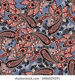 Paisley vector seamless design featuring stunning flowers and leaves in a batik-inspired style. Vintage backdrop