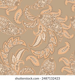 Paisley vector seamless design featuring stunning flowers and leaves in a batik-inspired style. Vintage backdrop