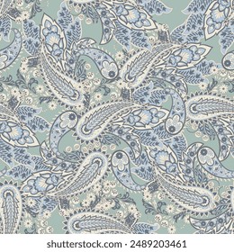 Paisley vector seamless design featuring stunning flowers and leaves in a batik-inspired style. Vintage backdrop
