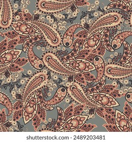 Paisley vector seamless design featuring stunning flowers and leaves in a batik-inspired style. Vintage backdrop