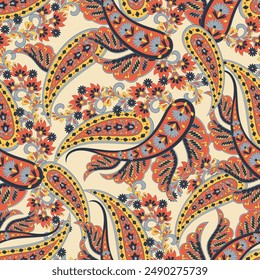 Paisley vector seamless design featuring stunning flowers and leaves in a batik-inspired style. Vintage backdrop