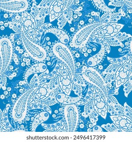 Paisley vector seamless design featuring stunning flowers and leaves in a batik-inspired style. Vintage backdrop