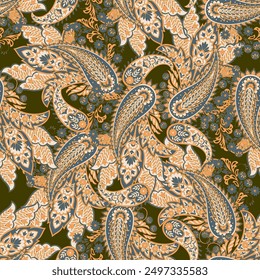 Paisley vector seamless design featuring stunning flowers and leaves in a batik-inspired style. Vintage backdrop