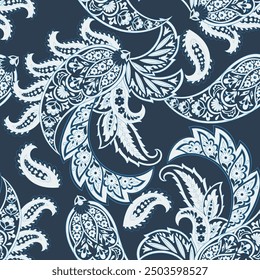 Paisley vector seamless design featuring stunning flowers and leaves in a batik-inspired style. Vintage backdrop