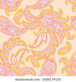 Paisley vector seamless design featuring stunning flowers and leaves in a batik-inspired style. Vintage backdrop