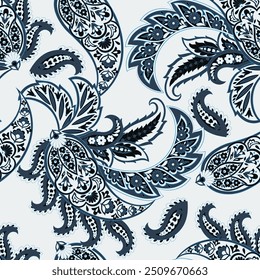 Paisley vector seamless design featuring stunning flowers and leaves in a batik-inspired style. Vintage backdrop