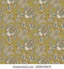 Paisley vector seamless design featuring stunning flowers and leaves in a batik-inspired style. Vintage backdrop