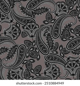 Paisley vector seamless design featuring stunning flowers and leaves in a batik-inspired style. Vintage backdrop