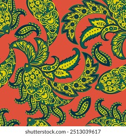 Paisley vector seamless design featuring stunning flowers and leaves in a batik-inspired style. Vintage backdrop