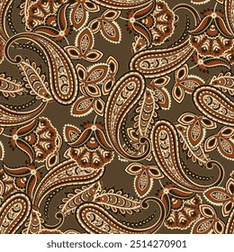 Paisley vector seamless design featuring stunning flowers and leaves in a batik-inspired style. Vintage backdrop