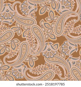 Paisley vector seamless design featuring stunning flowers and leaves in a batik-inspired style. Vintage backdrop