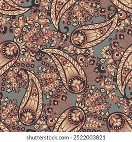 Paisley vector seamless design featuring stunning flowers and leaves in a batik-inspired style. Vintage backdrop
