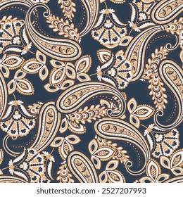 Paisley vetor design sem emenda com flores deslumbrantes e folhas em um estilo inspirado batik. Tela de fundo vintage