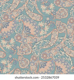 Paisley vector seamless design featuring stunning flowers and leaves in a batik-inspired style. Vintage backdrop