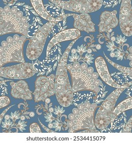 Paisley vector seamless design featuring stunning flowers and leaves in a batik-inspired style. Vintage backdrop