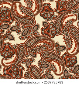 Paisley vector seamless design featuring stunning flowers and leaves in a batik-inspired style. Vintage backdrop