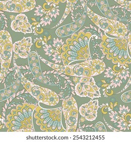 Paisley vector seamless design featuring stunning flowers and leaves in a batik-inspired style. Vintage backdrop