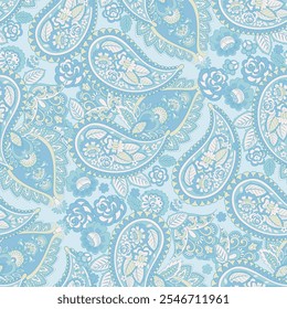 Paisley vector seamless design featuring stunning flowers and leaves in a batik-inspired style. Vintage backdrop