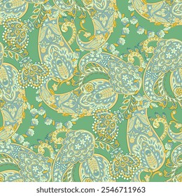 Paisley vector seamless design featuring stunning flowers and leaves in a batik-inspired style. Vintage backdrop