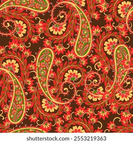 Paisley vector seamless design featuring stunning flowers and leaves in a batik-inspired style. Vintage backdrop