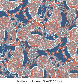 Paisley vector seamless design featuring stunning flowers and leaves in a batik-inspired style. Vintage backdrop