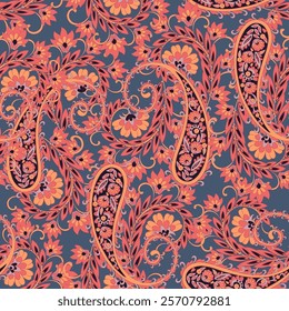 Paisley vector seamless design featuring stunning flowers and leaves in a batik-inspired style. Vintage backdrop