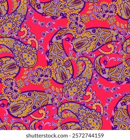 Paisley vector seamless design featuring stunning flowers and leaves in a batik-inspired style. Vintage backdrop