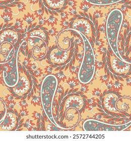 Paisley vector seamless design featuring stunning flowers and leaves in a batik-inspired style. Vintage backdrop