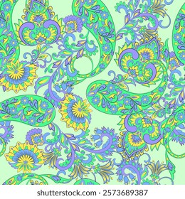 Paisley vector seamless design featuring stunning flowers and leaves in a batik-inspired style. Vintage backdrop