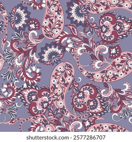 Paisley vector seamless design featuring stunning flowers and leaves in a batik-inspired style. Vintage backdrop